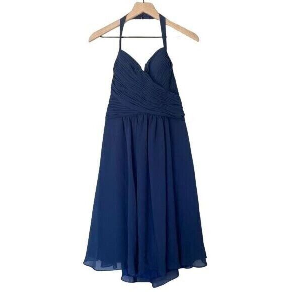 NWT Kleinfeld 14 Navy Blue Dress Halter Chiffon Tea Length Gown Prom Bridesmaid - Picture 1 of 9